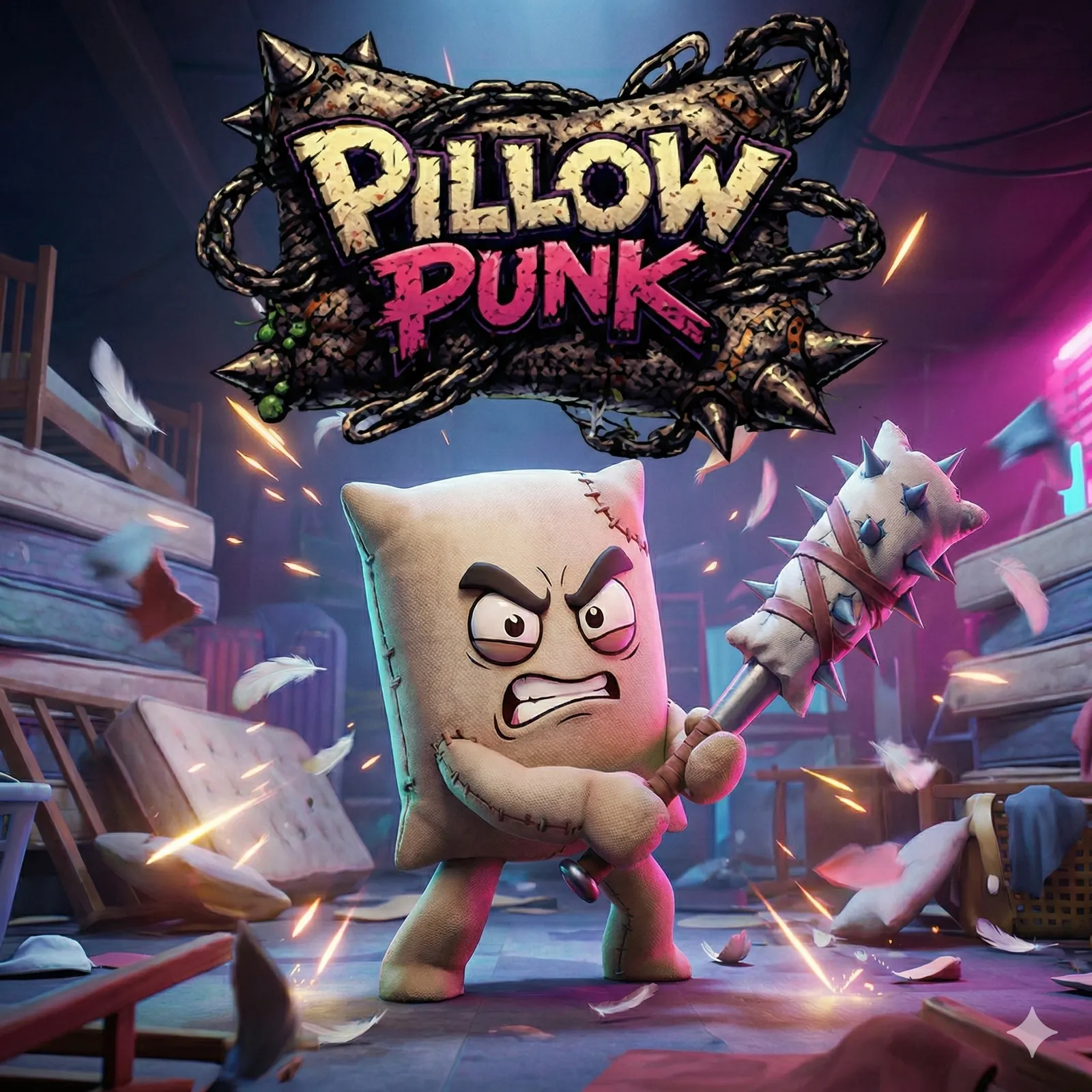 Pillow Punk logo and key art showing a fabric hero holding a spiked pillow weapon